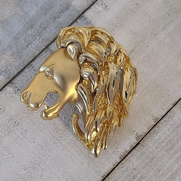 Vintage Lion Head Gold Tone Brooch Pin Rhinestone Eye Leo Zodiac 3d Profile - Picture 1 of 8